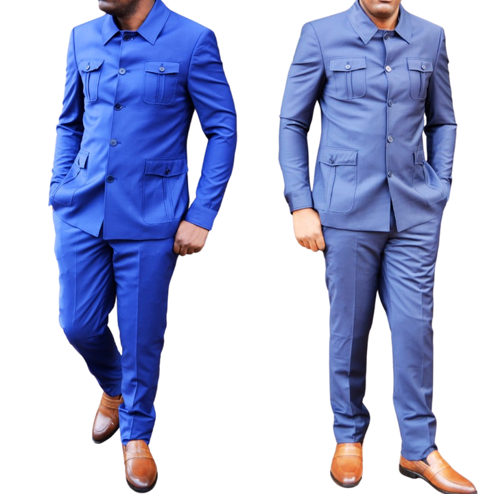 Two models wearing Baggi Kaunda long sleeve suits. One in a solid blue suit and the other in a patterned blue suit, both with long sleeves and pants, posing against a white background.